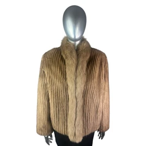 Pecan Corded MINK Jacket, w FOX Tuxedo Sz S, Certified Vintage Fur w/Storage Bag - Picture 1 of 10