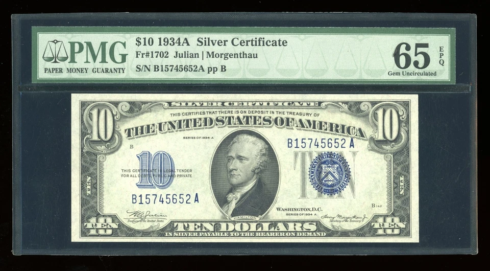 DBR 1934-A $10 Silver Gem Fr. 1702 PMG 65 EPQ Serial B15745652A - Image 1 of 2