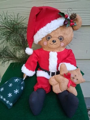 Primitive Folk Art Raggedy Handmade 18" NICHOLAS BEAR w/Santa's bag & toy. New.  - Image 1 of 4