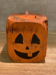 Handmade Primitive Wood Block Fall Jack-O-Lantern Tea Light Holder Decor - Picture 1 of 1
