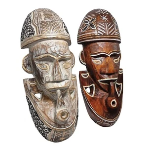 CONJUNTO Pipa Tribal Africana Hombres Rostro Madera Máscaras Arte Pared Decoración Colgante Tallado a Mano - Imagen 1 de 13