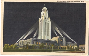 Tarjeta postal del Capitolio del Estado de Noche-Lincoln, Nebraska NE-1944 - Imagen 1 de 2