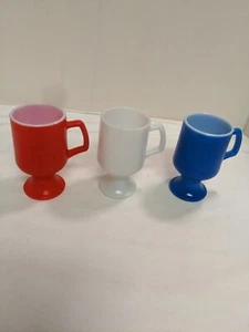 Vintage Milk Glass Orange Peel Pedestal Mugs in Red, White & Blue Set of 3 - Picture 1 of 12