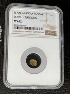 1700 - 1794 India Gold Fanam. Dutch-Tuticorin. NGC MS 62, 029 - Picture 1 of 2