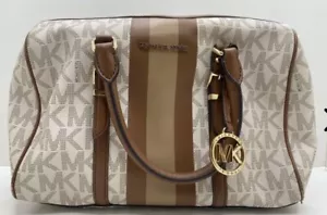 Michael Kors Vanilla PVC Bedford Travel Medium Logo Stripe Satchel Bag Purse - Picture 1 of 12