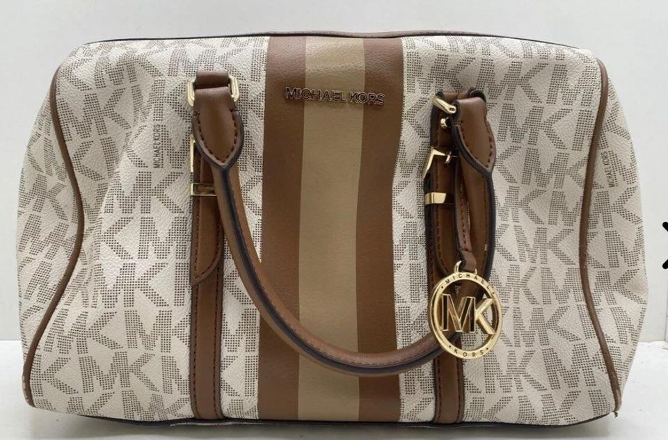 Michael Kors Vanilla PVC Bedford Travel Medium Logo Stripe Satchel Bag Purse - Image 1 of 4