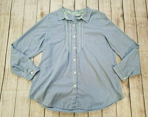 J JILL UNCOMMON THREADS MD MEDIUM BLUE WHITE PLAID EYELET TRIM BUTTON UP TOP - Picture 1 of 8