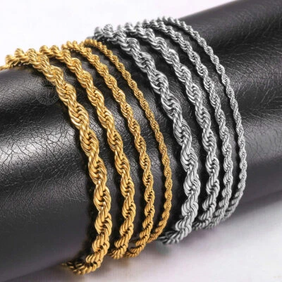 2/3/4/5mm 7inch+2inch extender Rope Chain Bracelet Mens Womens Stainless Steel - Image 1 of 4