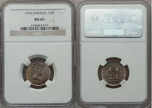 Rare 1910 Jamaica Edward VII 1 Farthing,NGC MS 65,mintage 48000 - Picture 1 of 1