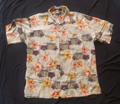 Hawaiian Shirt Mens XL By Marc Edwards Rayon Surfboard Woody Wagon Tan & Peach - Image 1 of 4