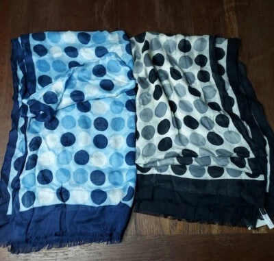Lot Of 2 Talbots Polka Dotted Scarf with Eyelash Fringe 74×27" 1 Blue &1 Black  - Image 1 of 4