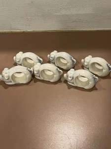Ceramic Pig Napkin Rings Blue Hearts On Butts Vintage Set of 6 - Picture 1 of 3