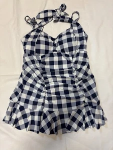Torrid Retro Wireless Swim Dress  sz 1 Navy Blue Gingham EUC - Picture 1 of 5