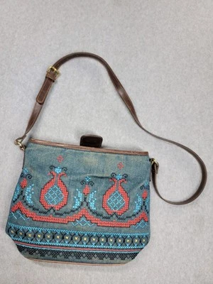 Vintage Relic Crossbody Shoulder Bag S Blue Denim Embroidered Aztec Western 90s - Image 1 of 4
