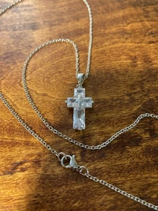 Sterling Silver + Cubic Zirconia Cross Pendant On Stainless Steel 19 in Chain - Picture 1 of 8