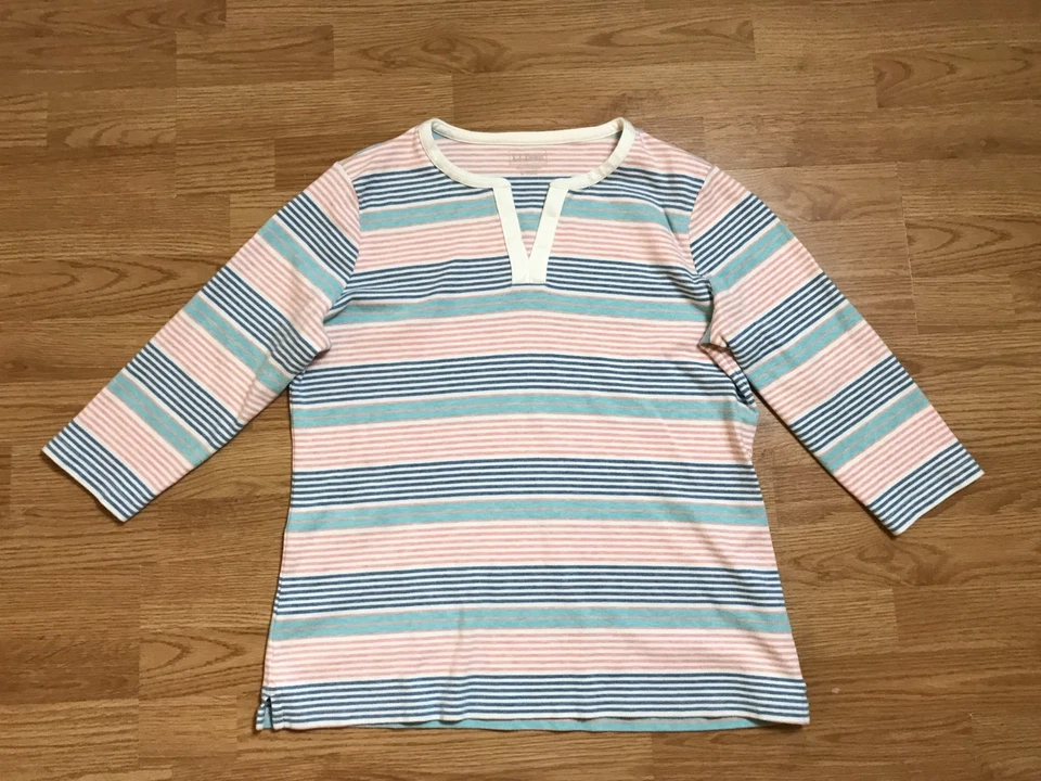 LL Bean рубашка женщин L розовый синий в полоску разделить 3/4 рукав 100% хлопок 3/4 рукав - Изображение 1 из 4