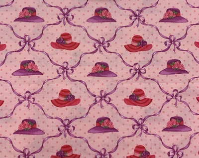 Vintage 2005 Red Hat Fabric Cranston VIP Society Pink Purple Dot Ribbon 0.9 Yard - Image 1 of 4