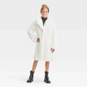 Girls' Long Faux Fur Jacket - art class Ivory XL - Picture 1 of 3