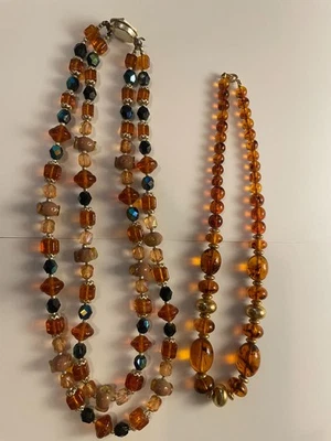 Dos encantadores collares *1 cuentas ámbar y dorado + *1 cuentas de vidrio ámbar azul tostado Foto 1 de 4