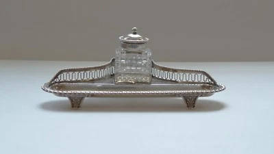 Soporte de tinta Gorham de plata de ley, tintero de vidrio cortado, tapa de plata de ley  Foto 1 de 4