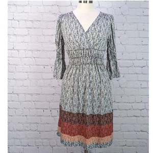 Max Edition Size Medium Navy White Coral Print Dress V Neck Smocked Waist - Picture 1 of 9