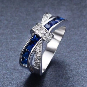 Blue Color Stone Crystal Rings Women Fashion Jewelry Accessory Wedding Band Ring - Picture 1 of 18