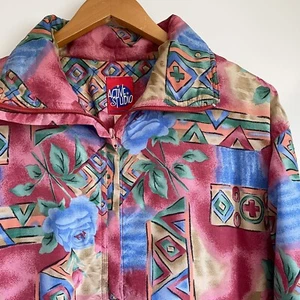 Vintage 90s Shell Suit Jacket Ladies Retro Pink Floral Full Zip Size S - Picture 1 of 7