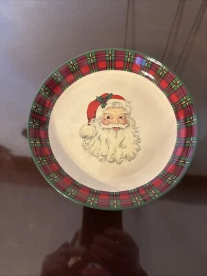 Cracker Barrel Christmas In The Woods Coupe Bowl 7 1/2” Santa Red & Green Plaid - Image 1 of 4