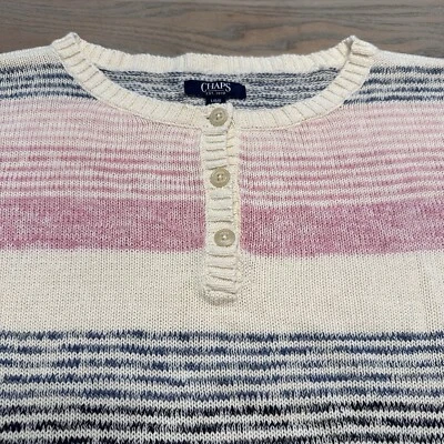 Suéter Henley Chaps Mezcla de Lino Para Mujer’s L Rosa Azul Multi Rayas Colorido Foto 1 de 4