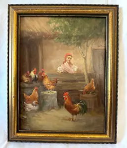 Vintage unsigniertes Ölgemälde auf Holzplatte Familie von Huhn & Hahn - Bild 1 von 5