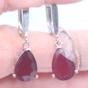 Heated Gemstone 9 x 13 mm. Red Ruby Earrings 925 Sterling Silver - Picture 1 of 4