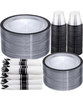 350 прозрачных и черных пластиковых тарелок, черная столовая посуда 50 гостей прозрачные черные - Изображение 1 из 4