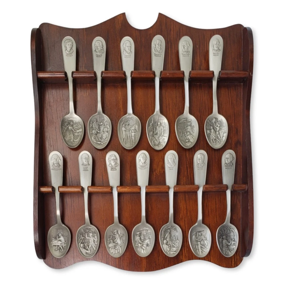 Franklin Mint Bicentennial Set 13 Sculpted Pewter Spoons & Wood Display Case - Image 1 of 4