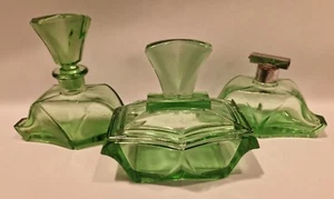 E8 Art Deco Juego de peluquería de cristal de plomo verde perfume Flacon conjunto de baño botella - Imagen 1 de 11
