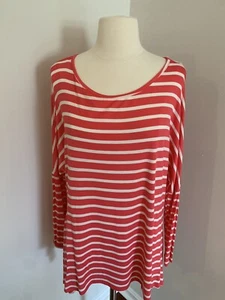 NWOT Brenda?s Batwing Tunic Top Sz L Coral White Stripe LS Asymmetrical Blouse - Picture 1 of 6