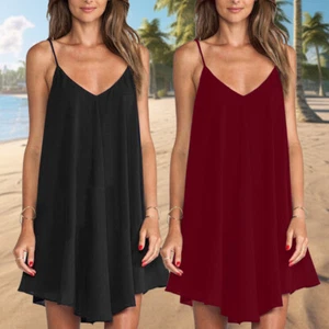 Women's Loose Chiffon Slip Dress Sexy Summer V-neck Beach Sleeveless Dress S-3Xl - Picture 1 of 11