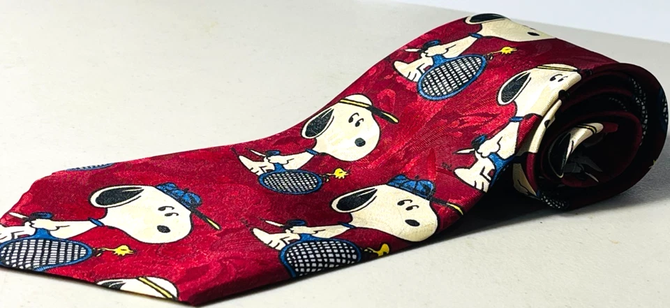 Olympia SNOOPY Woodstock Charlie Brown Tennis Tie Maroon Casual 52" - Image 1 of 4