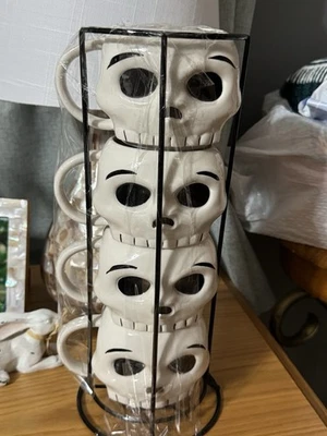 Set of 4 Stacking Skull Skeleton Mugs & Metal Storage Rack HALLOWEEN EUC - Image 1 of 2