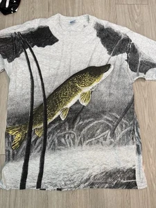 90s Vintage Fish Fishing AOP All Over Print Trout Shirt 2XL FOTL Made in USa - Picture 1 of 3