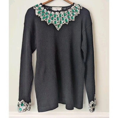 Outlander Sweater Womens Small Black Silk Angora Green Silver Sequins Pullover - Image 1 of 4