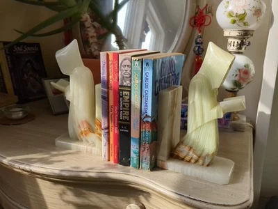 Juego De Colección De 2 Sujetalibros Grandes Pesados Piedra Natural Blanca Tallada A Mano Ágata Ónix Foto 1 de 4