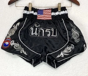 Muay Thai Kickboxing XL Shorts Kids Black Silver USA Flag Satin Embroidered  - Picture 1 of 7