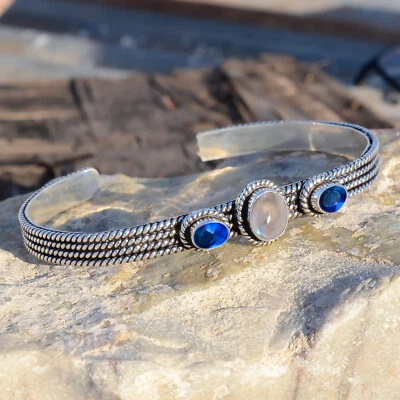 Brazalete brazalete de plata de ley 925 con piedras lunares y piedras preciosas de tanzanita de 8x10 mm Foto 1 de 4