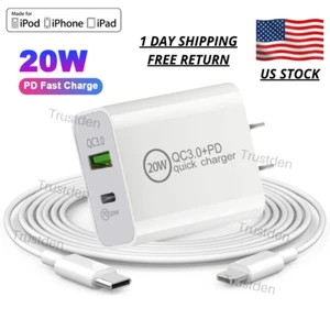 20W PD Fast Charger Power Adapter Block USB C Cable 3/6Ft For iPhone 13 12 11 XR - Picture 1 of 15