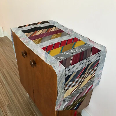 Recycled Neck Tie Patchwork Fabric Table Runner Home Made 15.5x62" Striped - Image 1 of 4