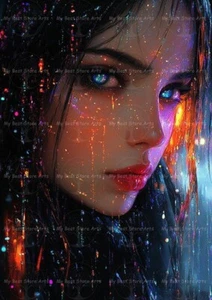 GLOWING CYBERPUNK WOMAN FACE ART PRINT, Fantasy Poster, Futuristic Female Decor - Picture 1 of 2