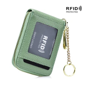 Cartera para tarjetas de crédito RFID de cuero genuino con cremallera estuche para tarjetas de identificación con llavero - Imagen 1 de 6