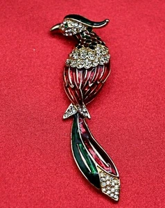 Vintage 1990's 4" Red Green Enamel Pave Rhinestone Bird of Paradise Pin Brooch - Picture 1 of 4