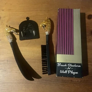 Shoe Brush Shoehorn Horse Head Wall Rack 3 Piece Set Equestrian Vintage - Picture 1 of 10