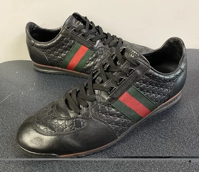 GUCCI Zapatos Hombres Talla 9G/US 9.5 Negro Cuero Web Zapatilla Hecha en Italia Guccissma Foto 1 de 4